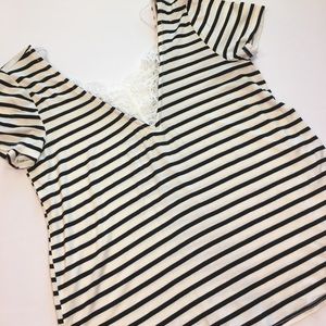 Lace V-Neck Black White Striped Short Sleeve Top